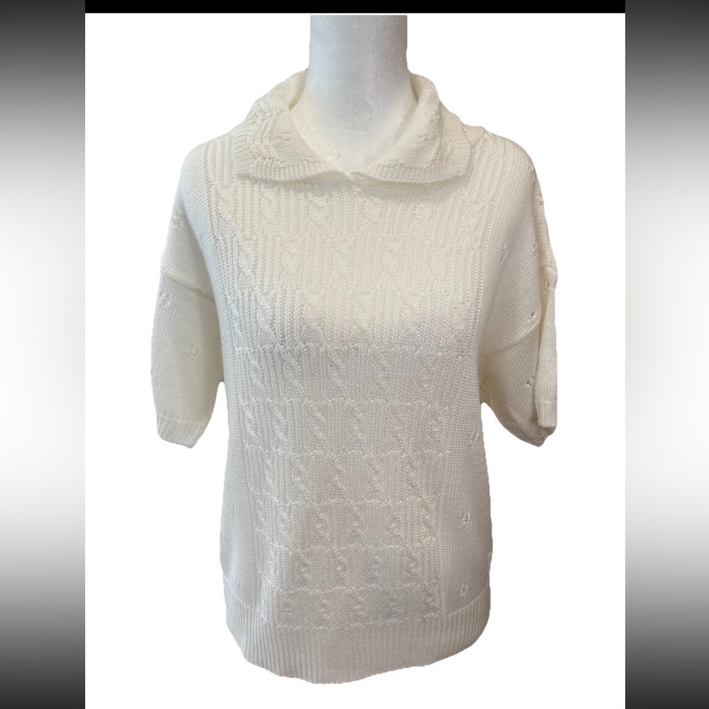 College Point all white acrylic 1980s pointelle short‎ sleeve sweater ladies M